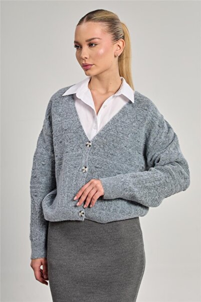 BARRELS AND OIL كارديجان محبوك مضفر للنساء - رمادي