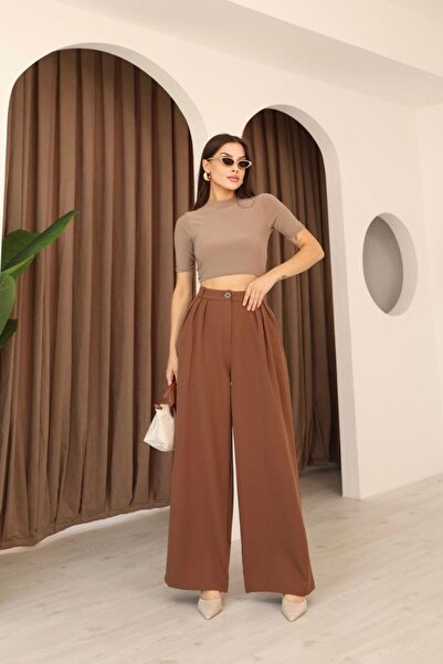 Stil Sepeti Women's Light Brown High Waist 3 Pleated Palazzo Fabric Trousers Drl-10001138