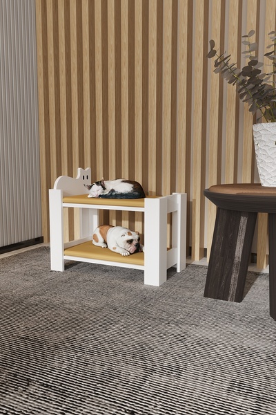 Mercie OTİS Ahşap Kedi - Köpek Yatağı - RANZA - SÜNGERLİ - BEYAZ