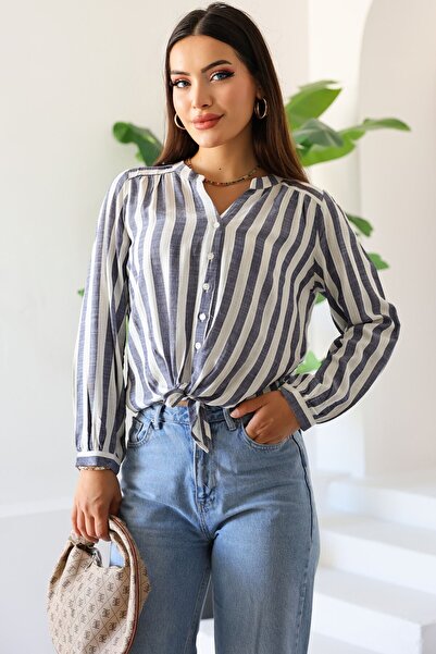 Kübra Tekstil Νέα σεζόν Γυναικείο μακρυμάνικο ριγέ πουκάμισο με δέσιμο μπροστά – Γυναικεία μπλούζα