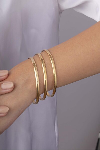 Gümüş Pazarım 4 mm Parlak Görünüm Altın Kaplama Kadın Üçlü Ajda Bilezik