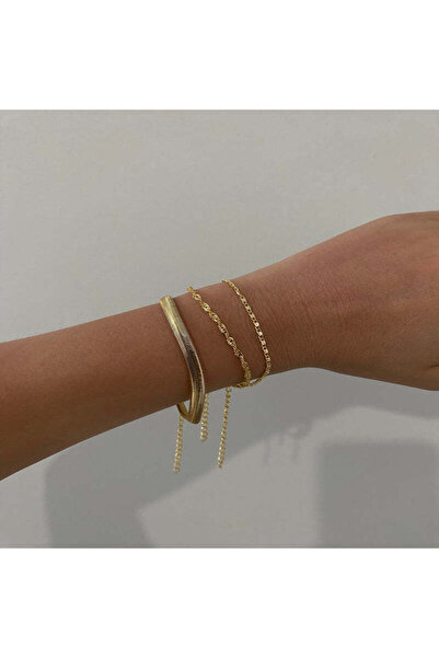 irva collection Altın Kaplama 3'lü Zincir Kombin Bileklik Seti - Yılan Singapur Ezme Zincir Kombin Bileklik Seti