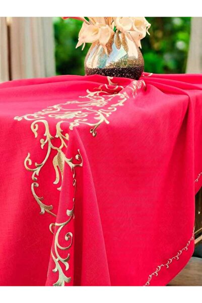BAŞ TASARIM Medium Pattern Intense Glitter Embroidered Red Tablecloth for 8 P...