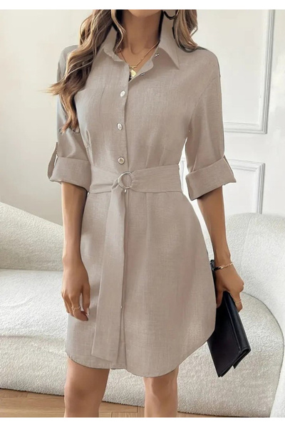 Little Visqon Women's Long Sleeve Collared Front Buttoned Belted Waist Mini Imported Linen Dress