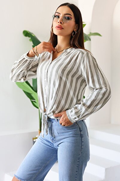 Kübra Tekstil Νέα σεζόν Γυναικείο μακρυμάνικο ριγέ πουκάμισο με δέσιμο μπροστά – Γυναικεία μπλούζα