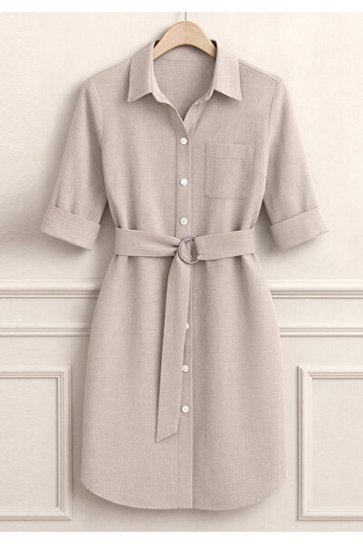 Little Visqon Women's Long Sleeve Collared Front Buttoned Belted Waist Mini Imported Linen Dress