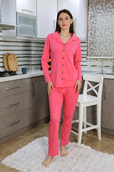 Beruflic Women's Cotton Combed Front Buttoned Long Sleeve Pajama Set Pink