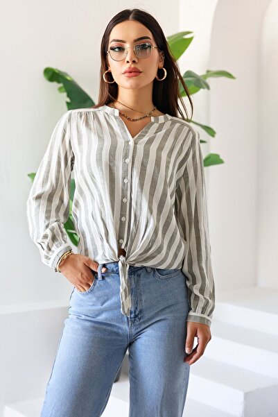 Kübra Tekstil New Season Women's Long Sleeve Striped Front Tie Women's Shirt – Women's Blouse