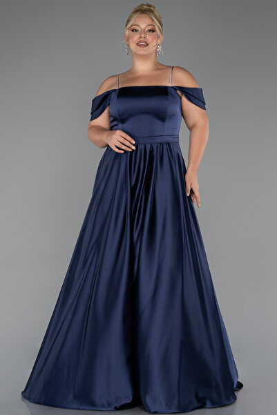 Abiyefon Lacivert Askılı Uzun Saten Büyük Beden Abiye ABU5251