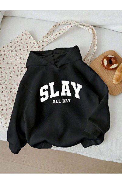 trendgar Світшот з капюшоном і кишенями, чорний, з принтом Slay