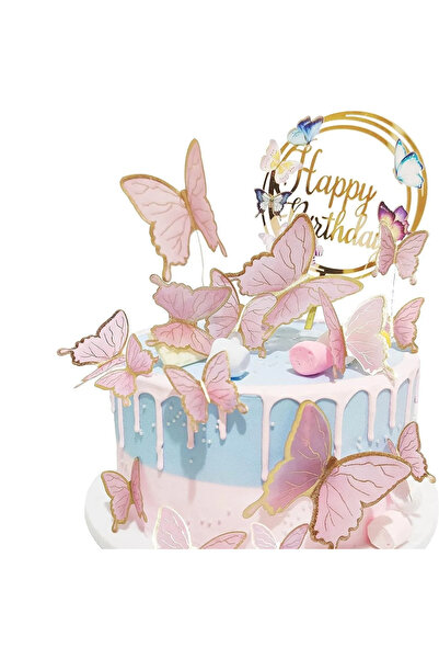 Baloane Vesele Pink Butterfly Cake Decoration And Happy Birthday Topper TOP33