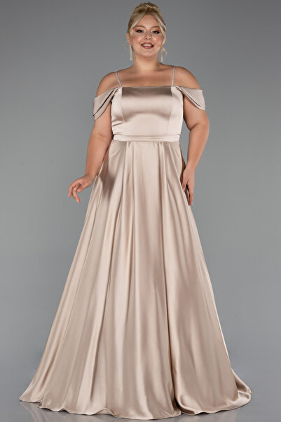 Abiyefon Bej Askılı Omuz Dekolteli Uzun Saten Büyük Beden Abiye ABU5251