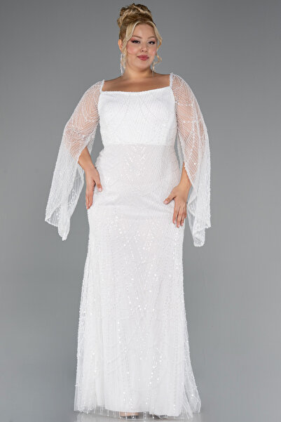 Abiyefon Ekru Uzun Kol Boncuklu Büyük Beden Abiye ABU5067