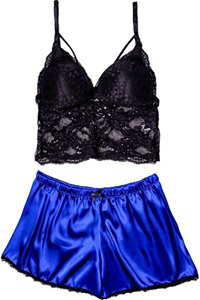 3nbe Women's Bra Set with Shorts Blue Lace and Satin Detailed
