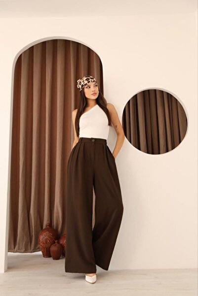 Stil Sepeti Women's Brown High Waist 3 Pleated Palazzo Fabric Pants Drl-10001138