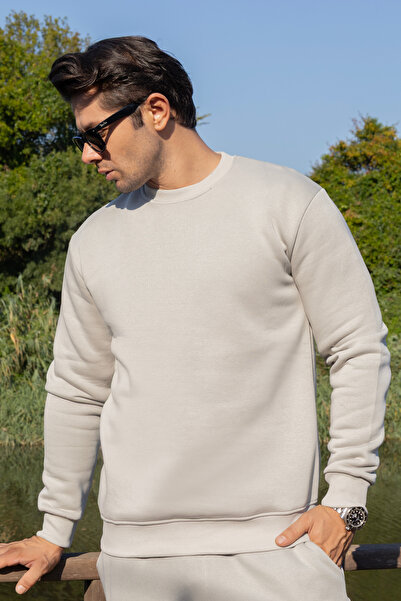 FRANCO RENZO Erkek Pamuklu Yumuşacık Bisiklet Yaka Içi Polarlı Gri Sweatshirt