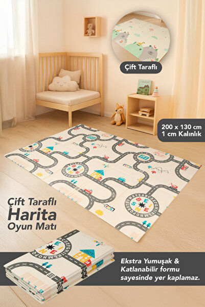 Meleni Baby Harita Desenli Çocuk Oyun Matı - Katlanabilir Çift Taraflı Oyun Halısı 200x130x1 cm