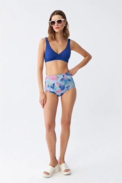 Beruflic Women's Padded Leaf Patterned High Waist Sax Bikini Set