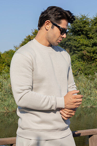 FRANCO RENZO Ανδρικό φούτερ από βαμβακερό μαλακό γκρι φούτερ με λαιμόκοψη και φλις εσωτερικά