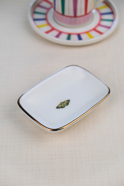 tabakevi Tabak Evi Porcelain Natura Butterfly Gold Gilded Rectangular Boat Plate 10X7X2Cm Single