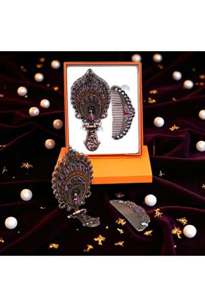 Kuzey Tacı Σετ Πτυσσόμενος Καθρέφτης και Χτένα με Σχέδιο Peacock Μεσαίου μεγέ...