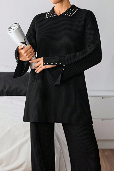 H&E LUXURY DESIGN Set de două piese din tricot cu detalii din piatră neagră pentru femei