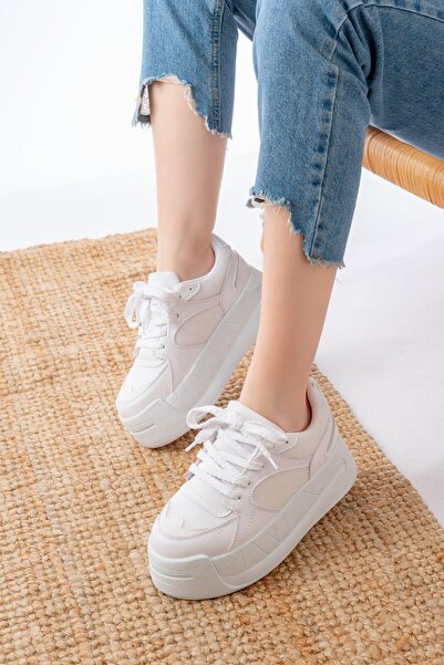Mida Shoes SP-190 Beyaz Garni Bağcıklı Fileli Yüksek Taban Günlük Spor Ayakkabı