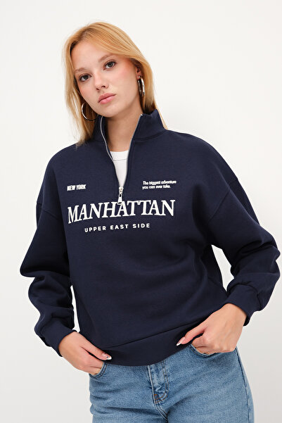 Addax Zippered Collar Embossed Sweatshirt S12058
