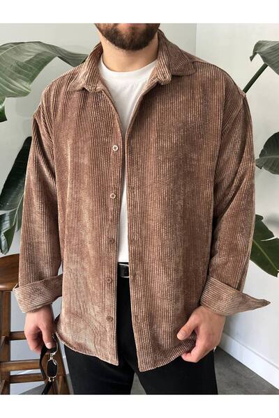 Gambocci Ανδρικό πουκάμισο μονόχρωμο κοτλέ βελούδινο oversized φαρδύ κομμένο