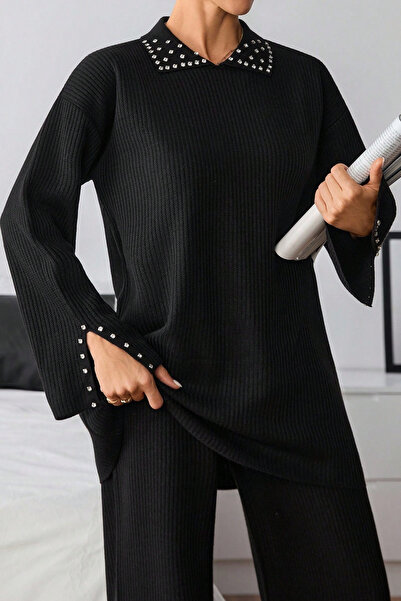 H&E LUXURY DESIGN Set de două piese din tricot cu detalii din piatră neagră pentru femei