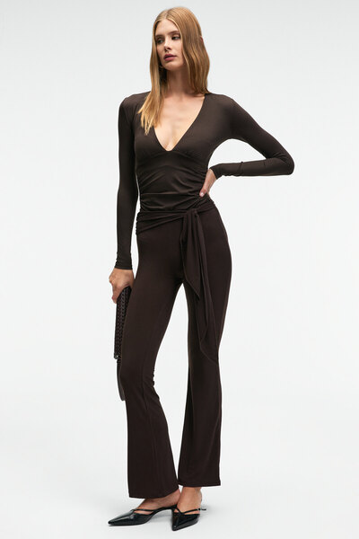 GRIMELANGE Ayshur Women's Stretchy Fabric Wide Leg Slim Fit Dark Brown Pants with Belt Detail