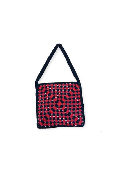 Lucille Craftshop - Geantă de umăr croșetată roșie și neagră cu fermoar, 38x7...