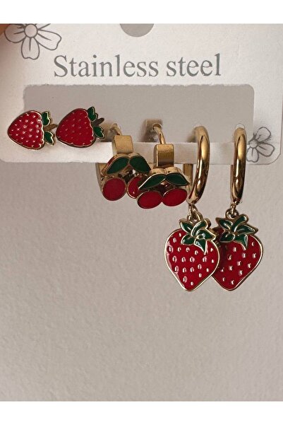 Esmeray Aksesuar Vip Çelik Gold Renk Çilek ve Kiraz Figürlü 3'lü Kombin Küpe