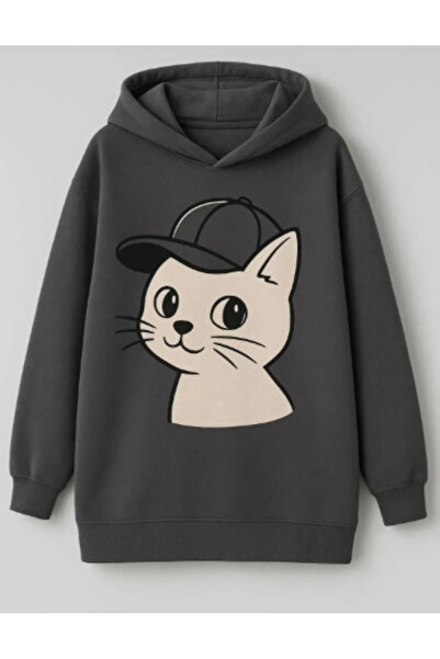 Kids Füme Şapkalı Kedi Baskılı Çocuk Elbise