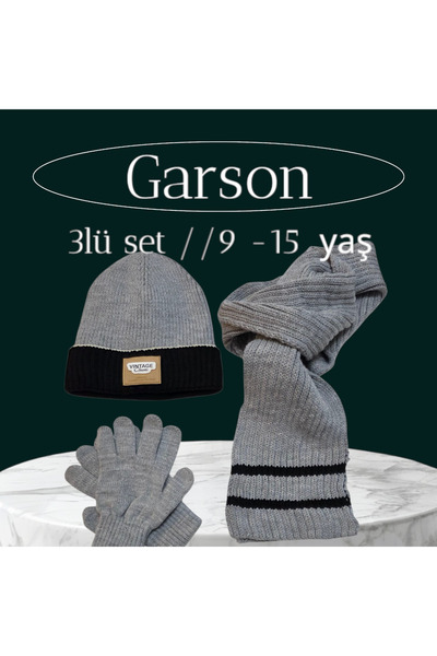 Kitti 9-15 Years Old Boy Scarf Beret Glove 3 Piece Set