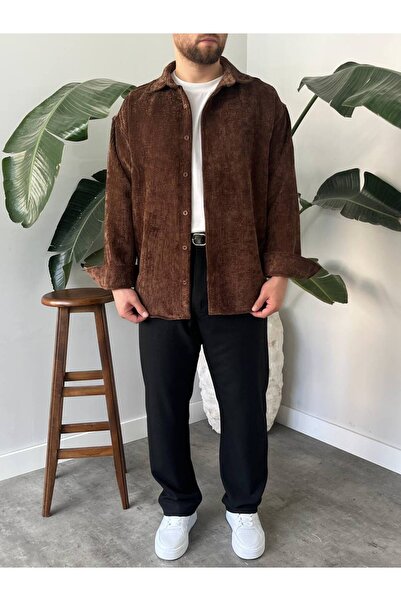 Gambocci Ανδρικό πουκάμισο μονόχρωμο κοτλέ βελούδινο oversized φαρδύ κομμένο