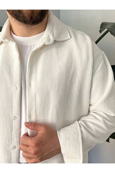 Gambocci Erkek Düz Fitilli Kadife Oversize Geniş Kalıp Gömlek