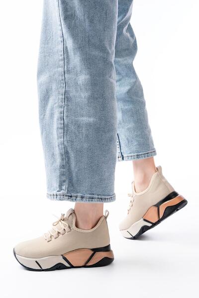 Mida Shoes RS-400 Bej Bağcıklı Fileli Renkli Taban Günlük Kadın Spor