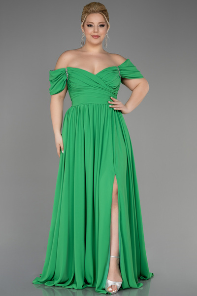 Abiyefon Yeşil Kayık Yaka Yırtmaçlı Uzun Şifon Büyük Beden Abiye ABU3738