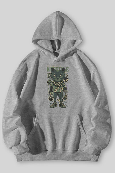 Harmandar Φούτερ με κουκούλα με στάμπα γάτας σε μαύρο γκρι χρώμα με τσέπες κα...