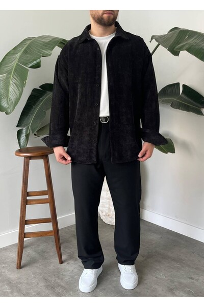 Gambocci Ανδρικό πουκάμισο μονόχρωμο κοτλέ βελούδινο oversized φαρδύ κομμένο