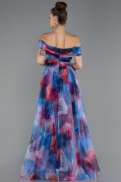 Abiyefon Saks Mavi Kayık Yaka Yırtmaçlı Uzun Empirme Abiye Elbise