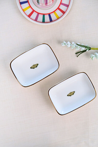 tabakevi Tabak Evi Porcelain Natura Butterfly Gold Gilded Rectangular Boat Plate 10X7X2Cm 2 Pieces