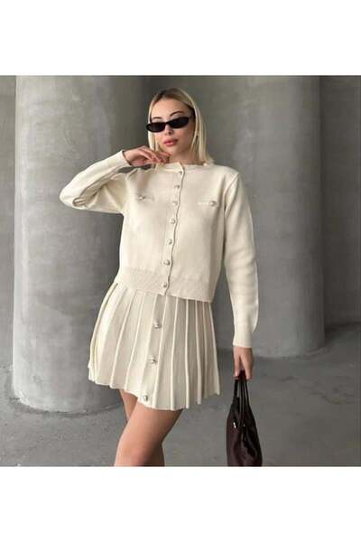 Aymood Women's Long Sleeve Gold Button Detail Vest and Pleated Mini Skirt Two-Piece Set