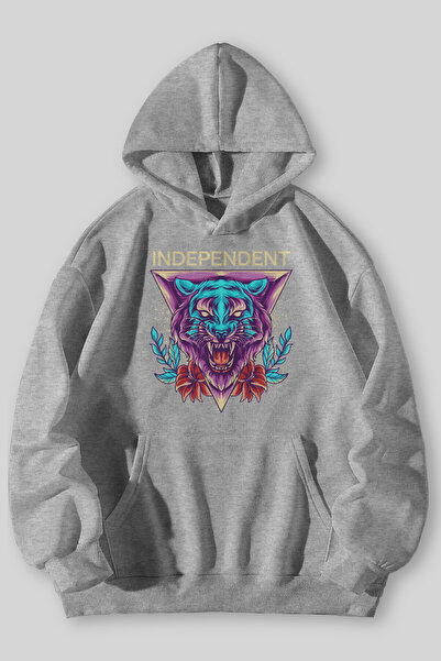 Harmandar Hanorac cu glugă unisex cu imprimeu Independent Tiger, negru, gri, cu buzunar cangur