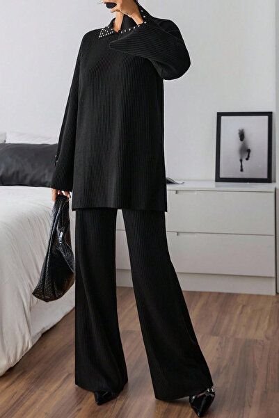 H&E LUXURY DESIGN Set de două piese din tricot cu detalii din piatră neagră pentru femei