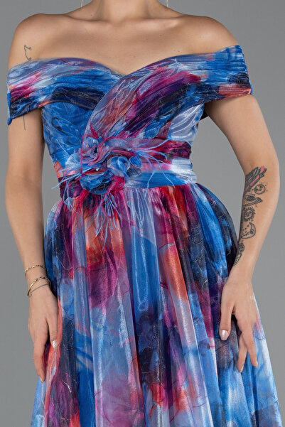 Abiyefon Saks Mavi Kayık Yaka Yırtmaçlı Uzun Empirme Abiye Elbise