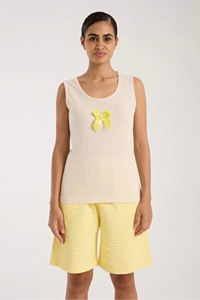 Beruflic Women's White Ribbon Detailed Yellow Striped Shorts Pajama Set