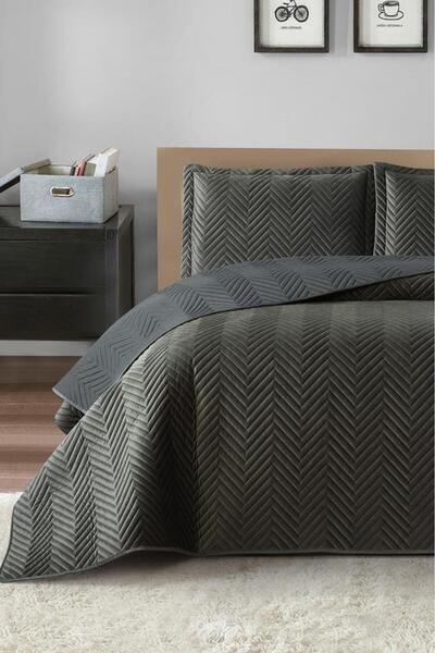 Çeyiz Diyarı Malta Double Luxury Velvet 240X260 cm Bedspread Anthracite