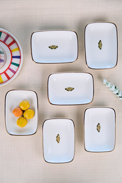 tabakevi Tabak Evi Porcelain Natura Butterfly Gold Gilded Rectangular Boat Plate 10X7X2Cm 6 Li